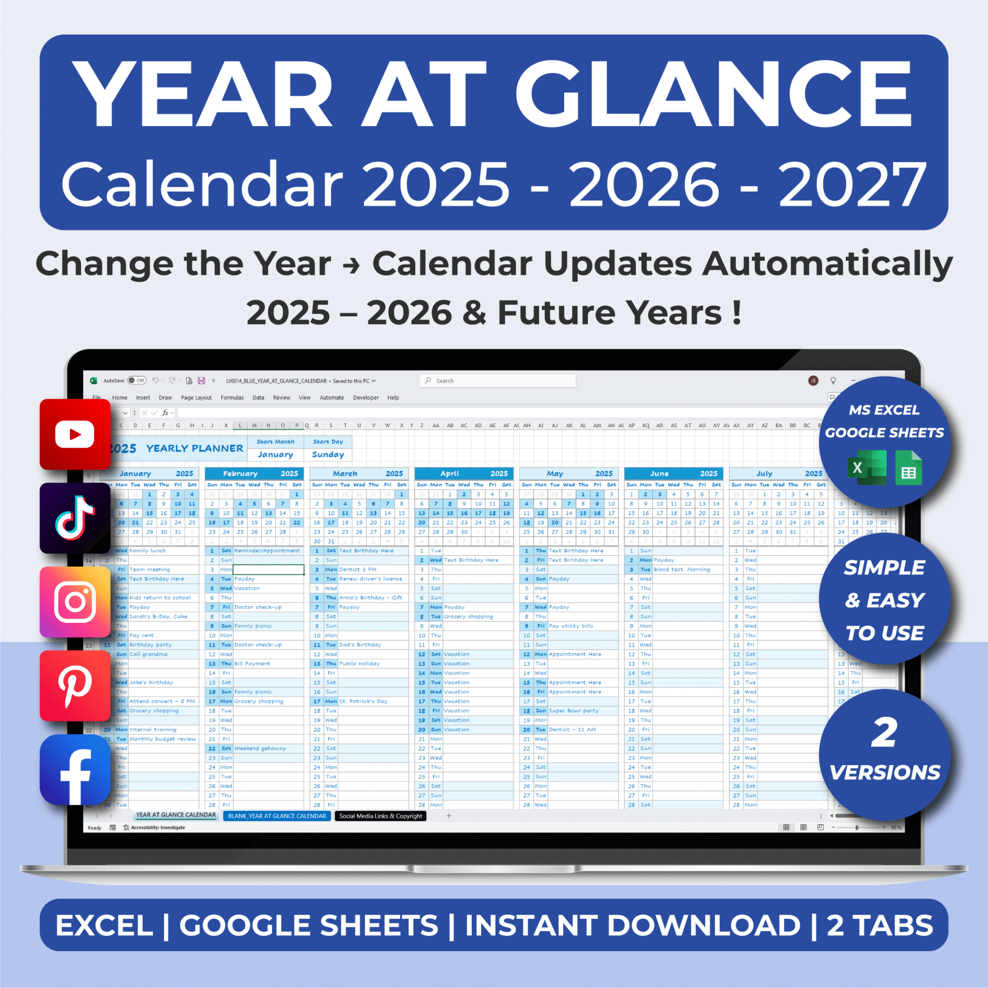 blue year at glance calendar | excel & google sheets