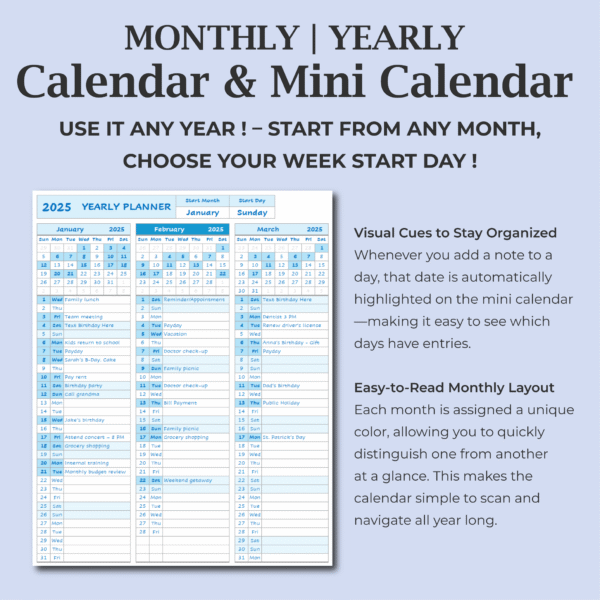 blue year at glance calendar | excel & google sheets