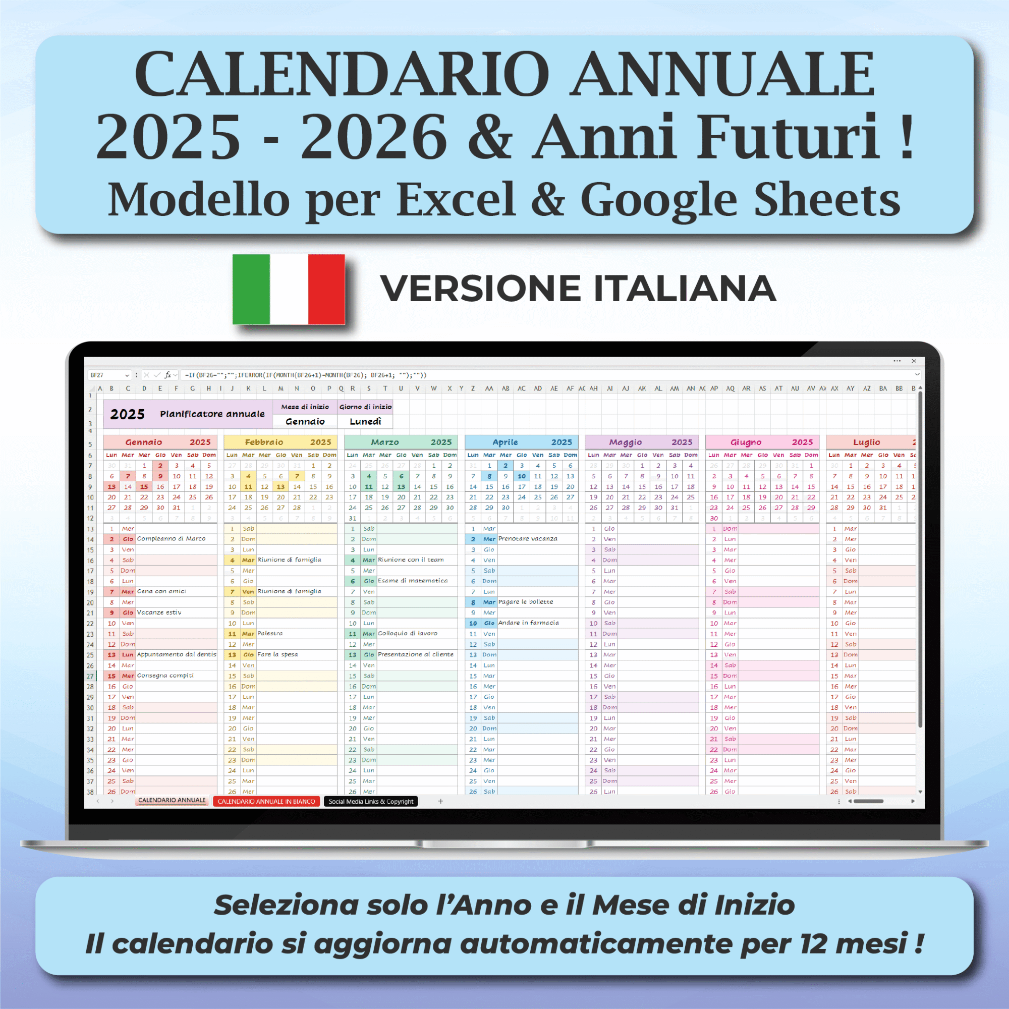 italian year at a glance calendar | excel & google sheets templates