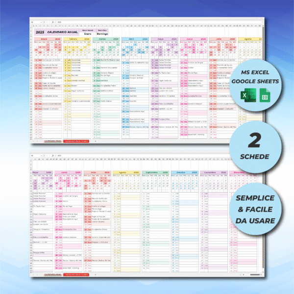 italian year at a glance calendar | excel & google sheets templates