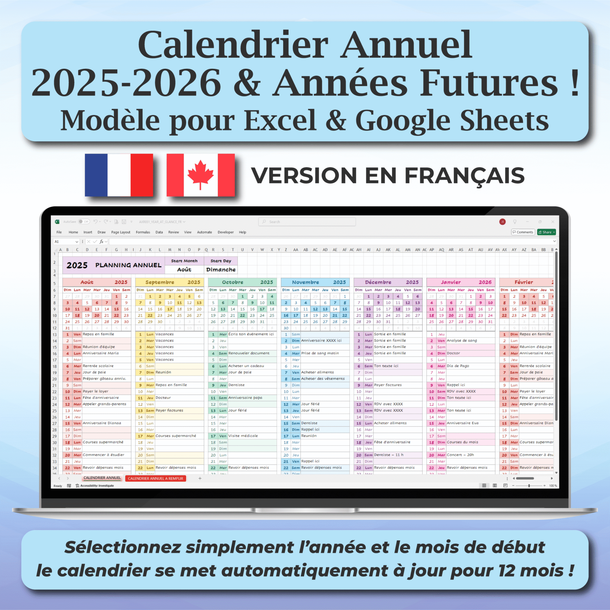 french year at glance calendar | excel & google sheets template