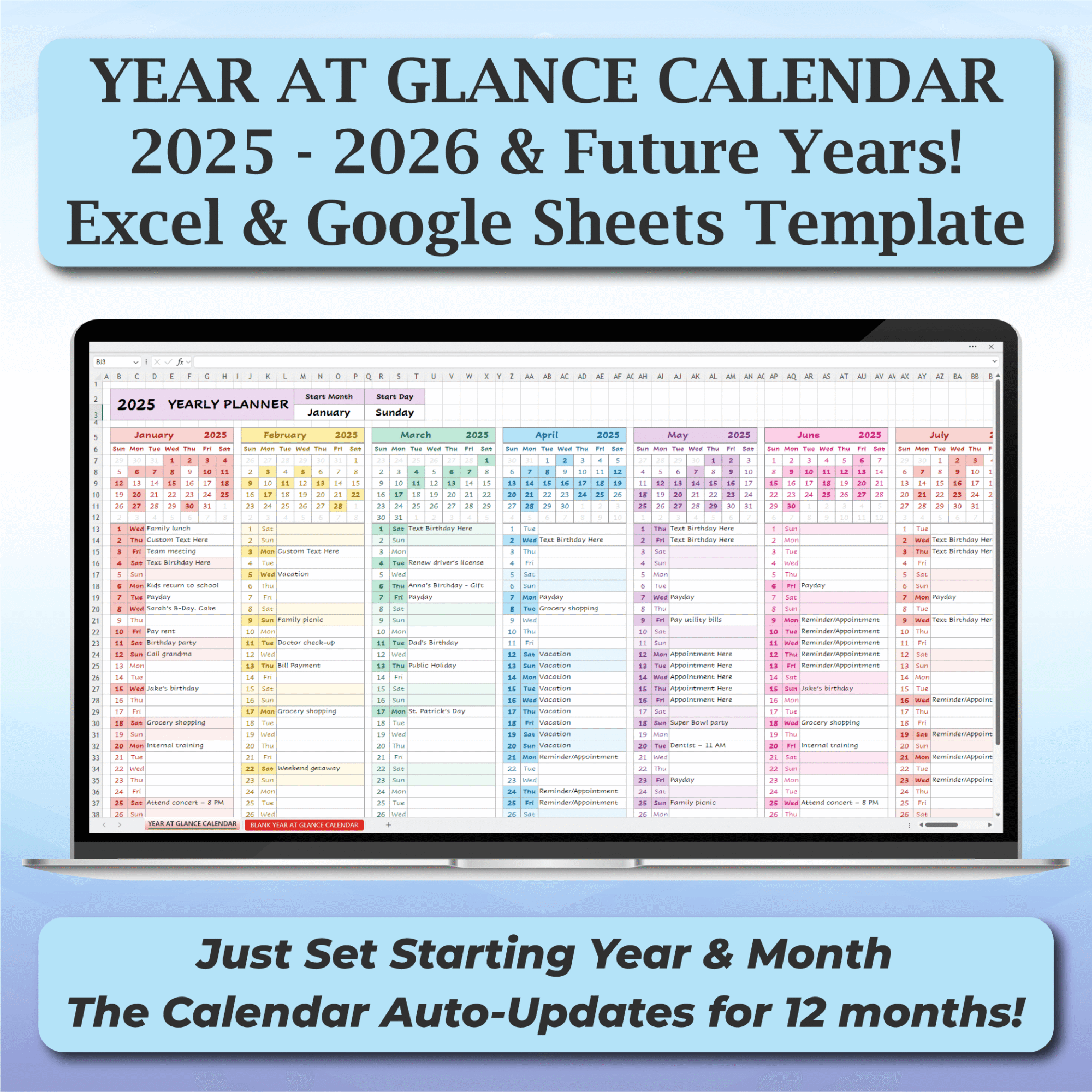 english year at glance calendar | excel & google sheets template