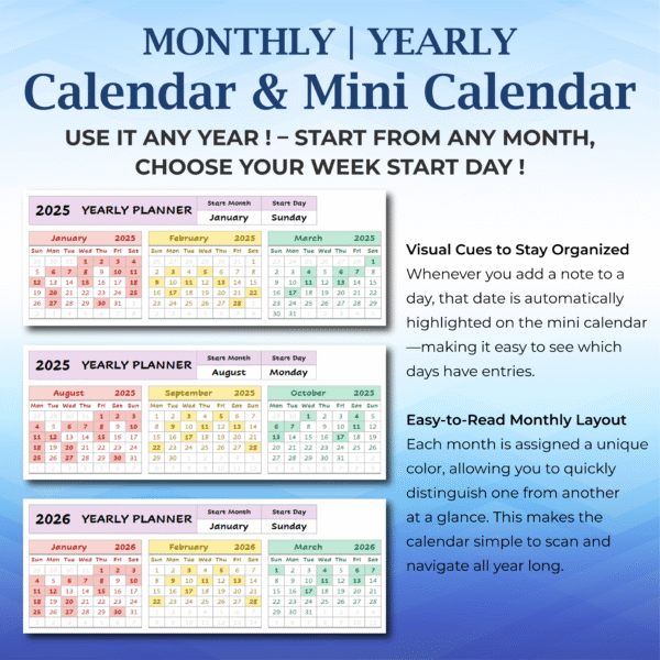 english year at glance calendar | excel & google sheets template