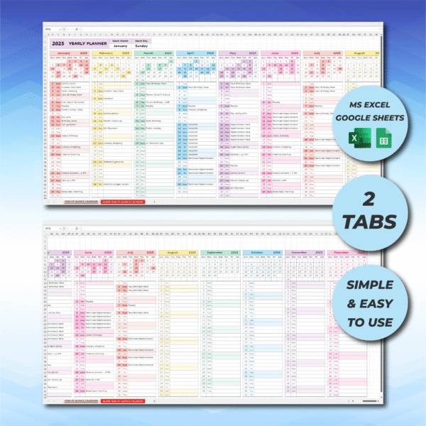 english year at glance calendar | excel & google sheets template