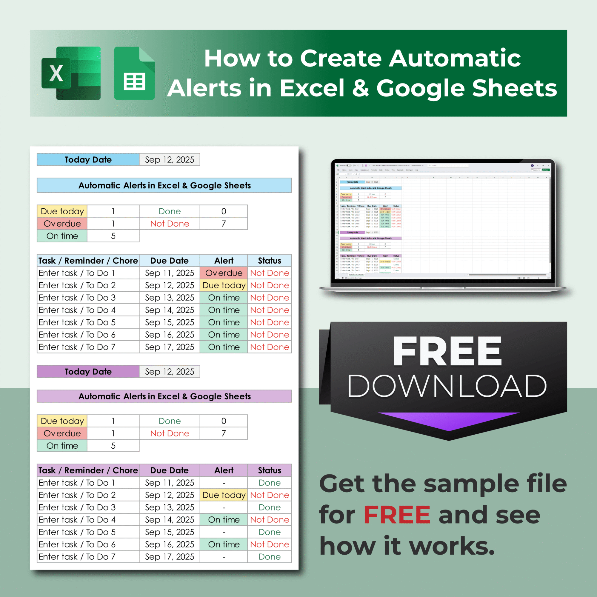 Free Excel and Google Sheets template with automatic alerts for tasks, reminders, and deadlines