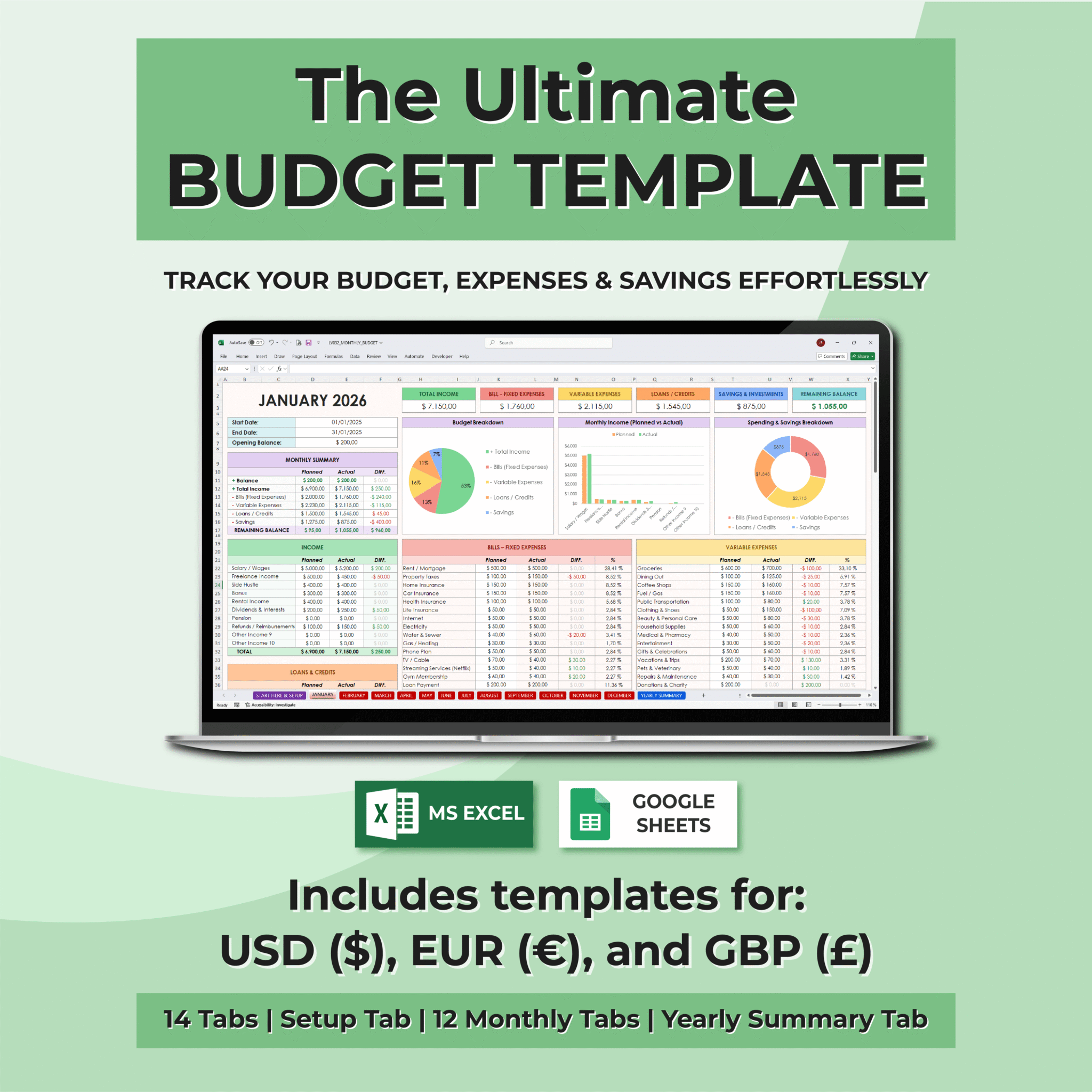 simple 2026 budget planner for excel & google sheets