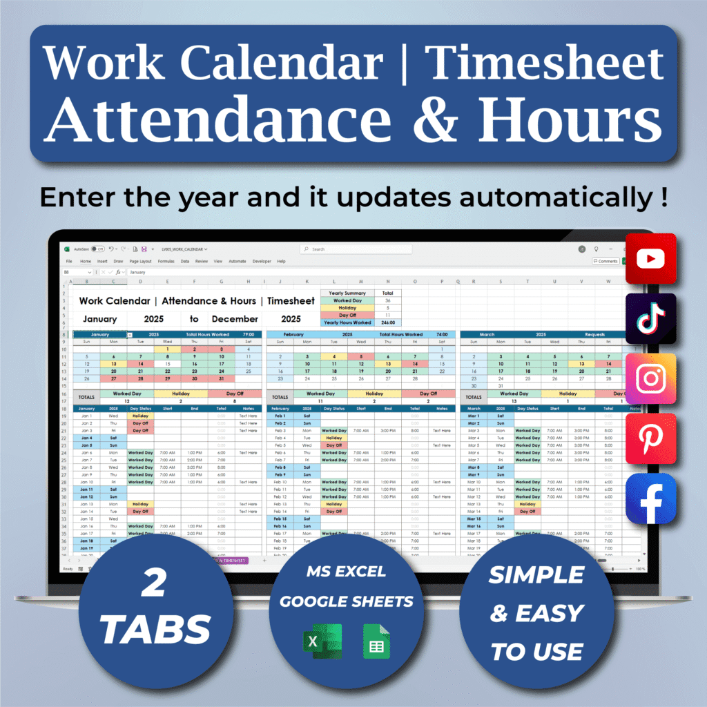 Work Hours Tracker Excel Template | Employee Timesheet & Log ...