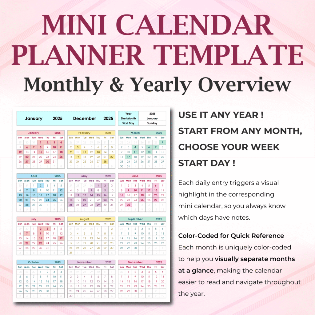 Annual Excel Planner Template | One-Page Year at a Glance ...