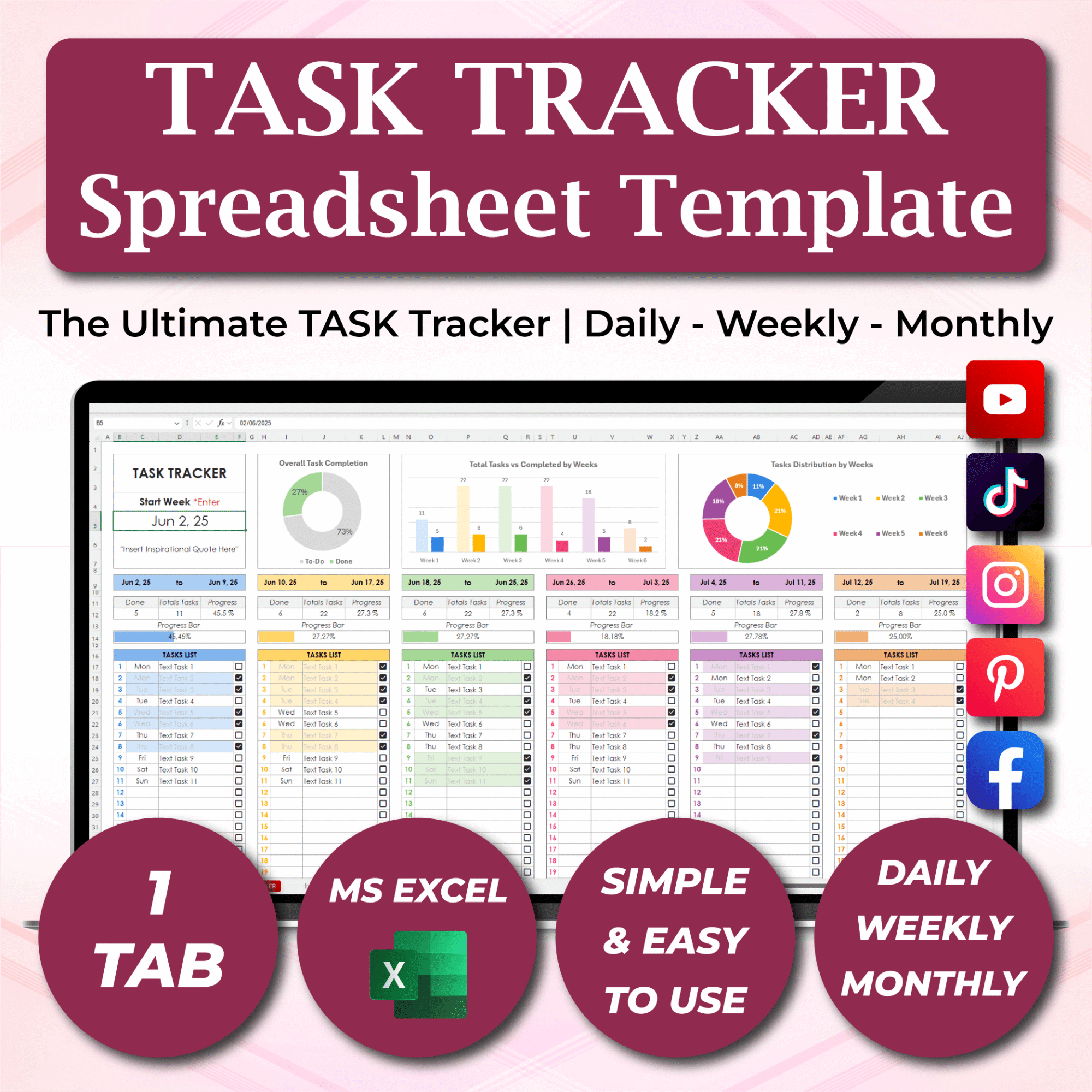 Excel Task Tracker – Daily, Weekly & Monthly Planner