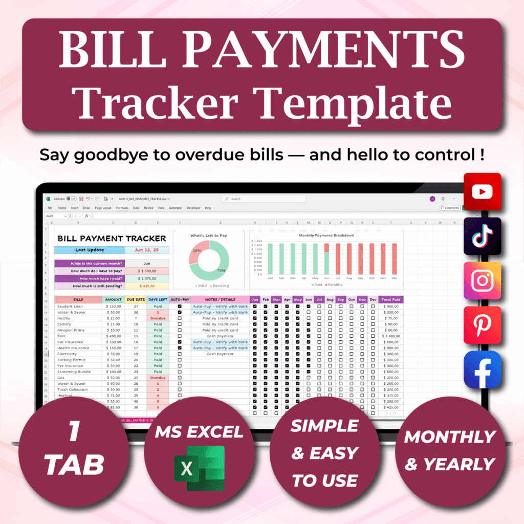 Bill Payment Tracker – Excel Monthly Bills Planner - lovingsheets.com