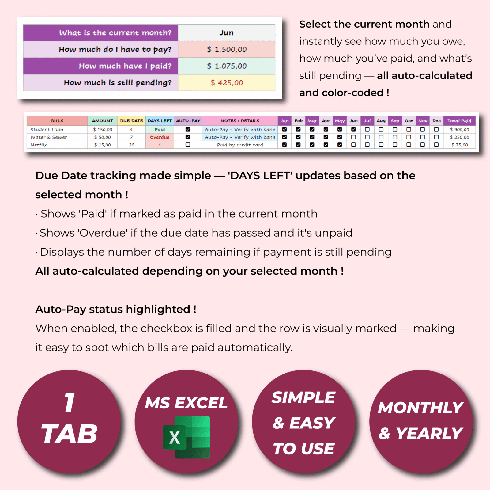 Bill Payment Tracker – Excel Monthly Bills Planner - lovingsheets.com