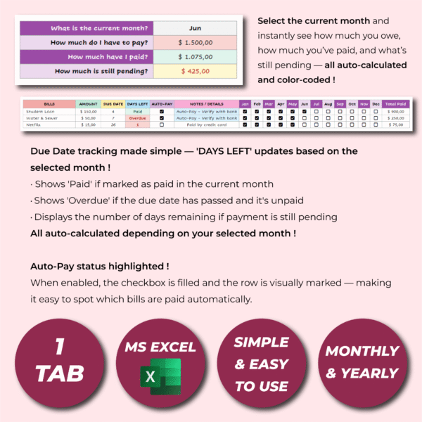 Bill Payment Tracker – Excel Monthly Bills Planner - Image 3