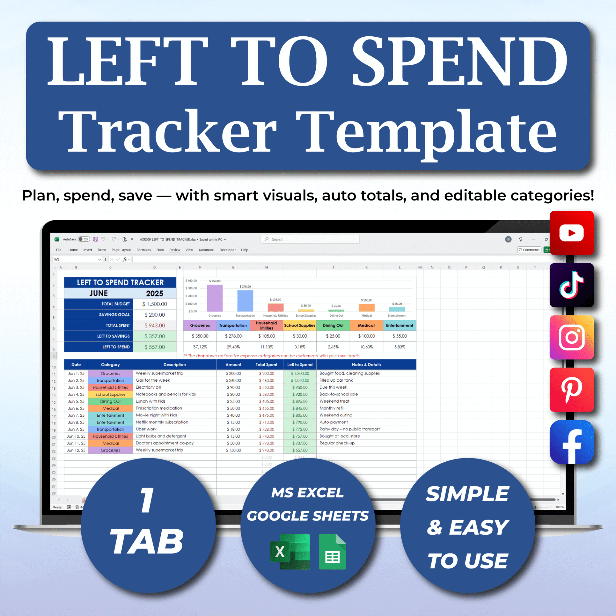 Left To Spend Tracker | Budget Spreadsheet Google Sheets & Excel