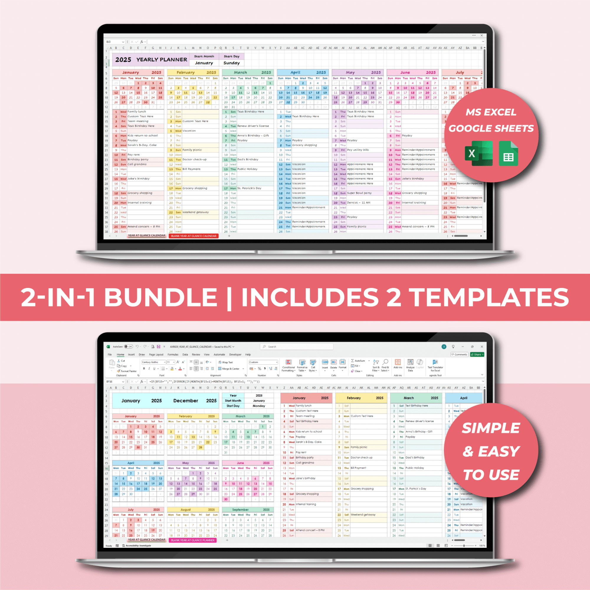 Year at a Glance Excel Calendars Bundle | Set of 2 Templates