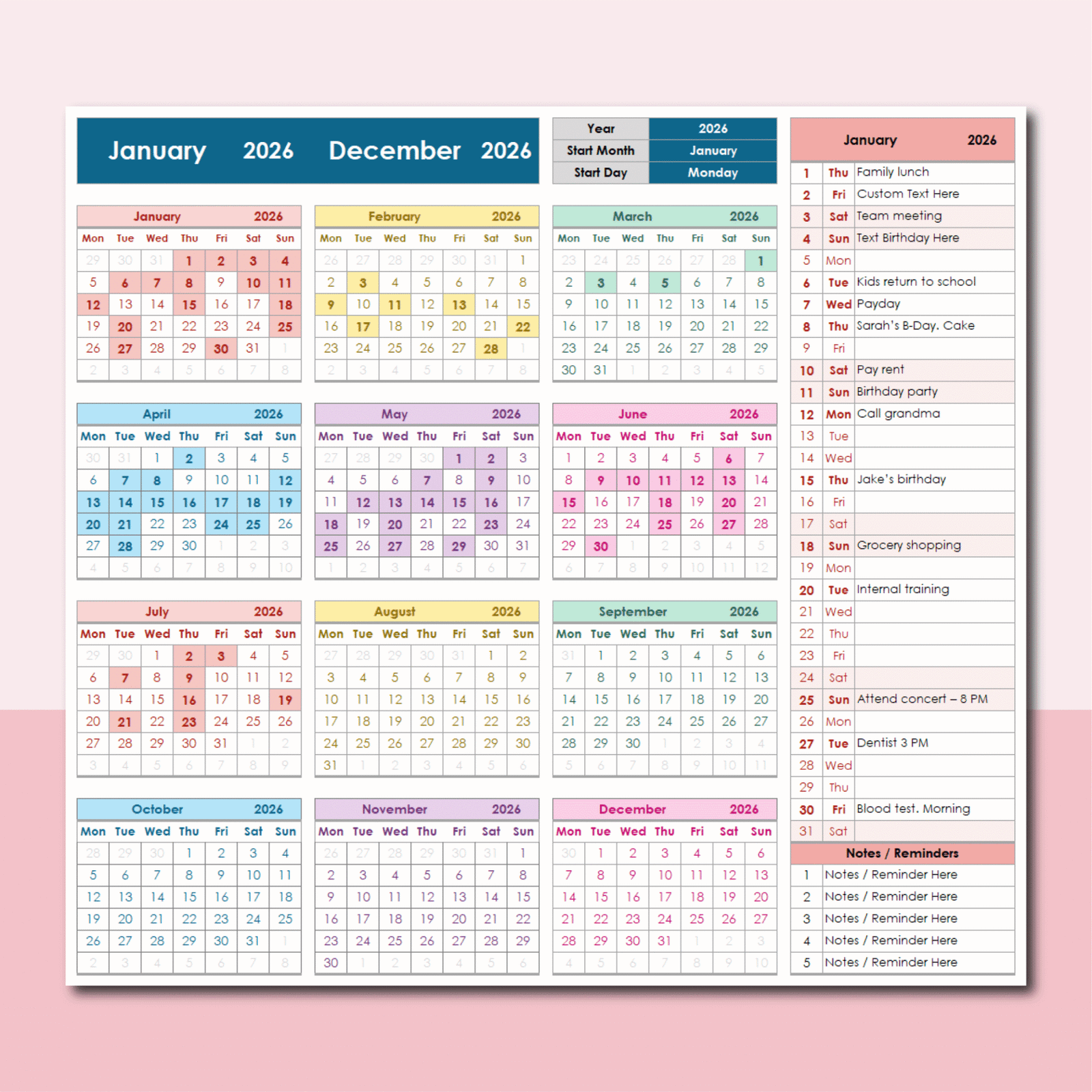 Year at a Glance Excel Calendars Bundle | Set of 2 Templates ...
