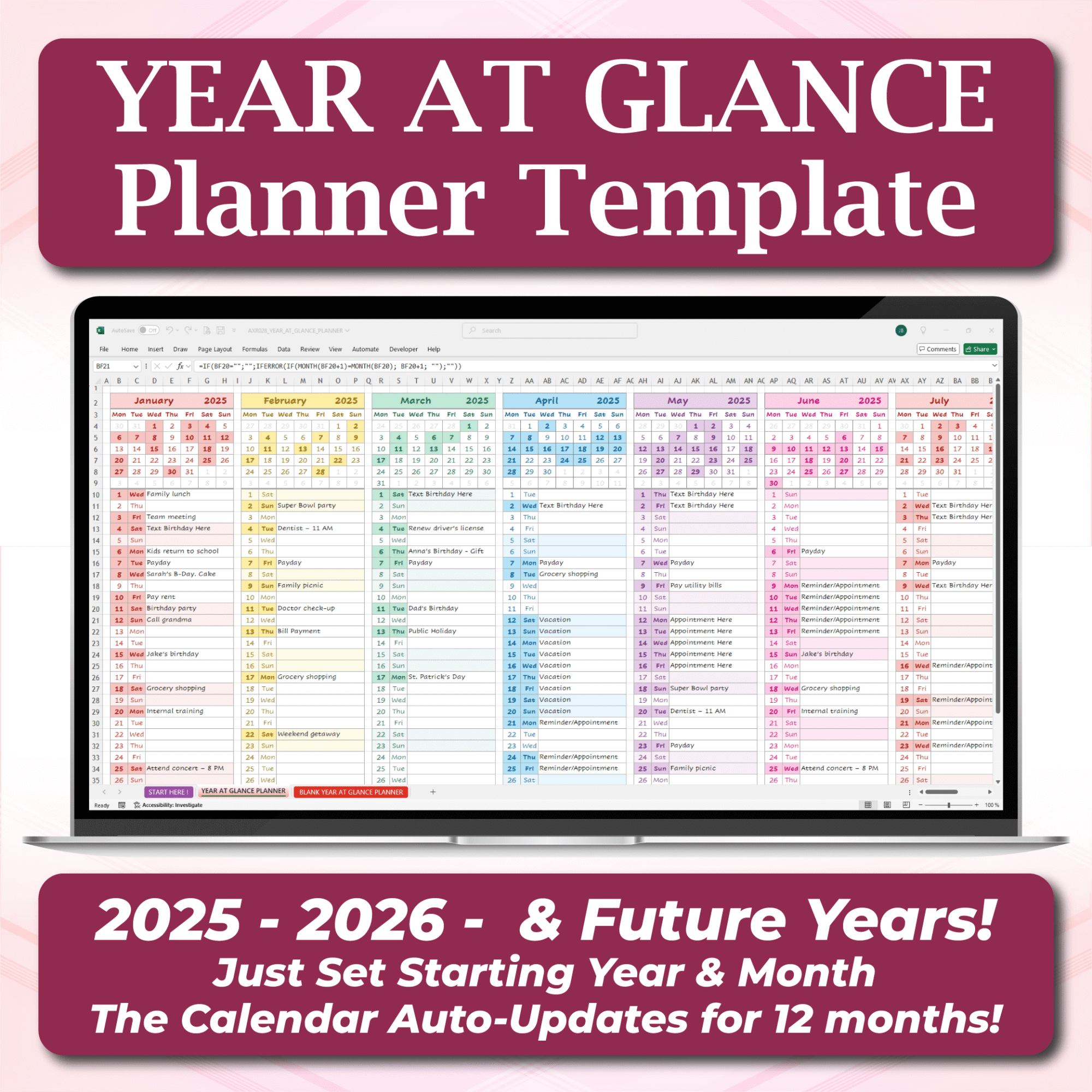 Editable Year at a Glance Excel Calendar | Annual Planner Template