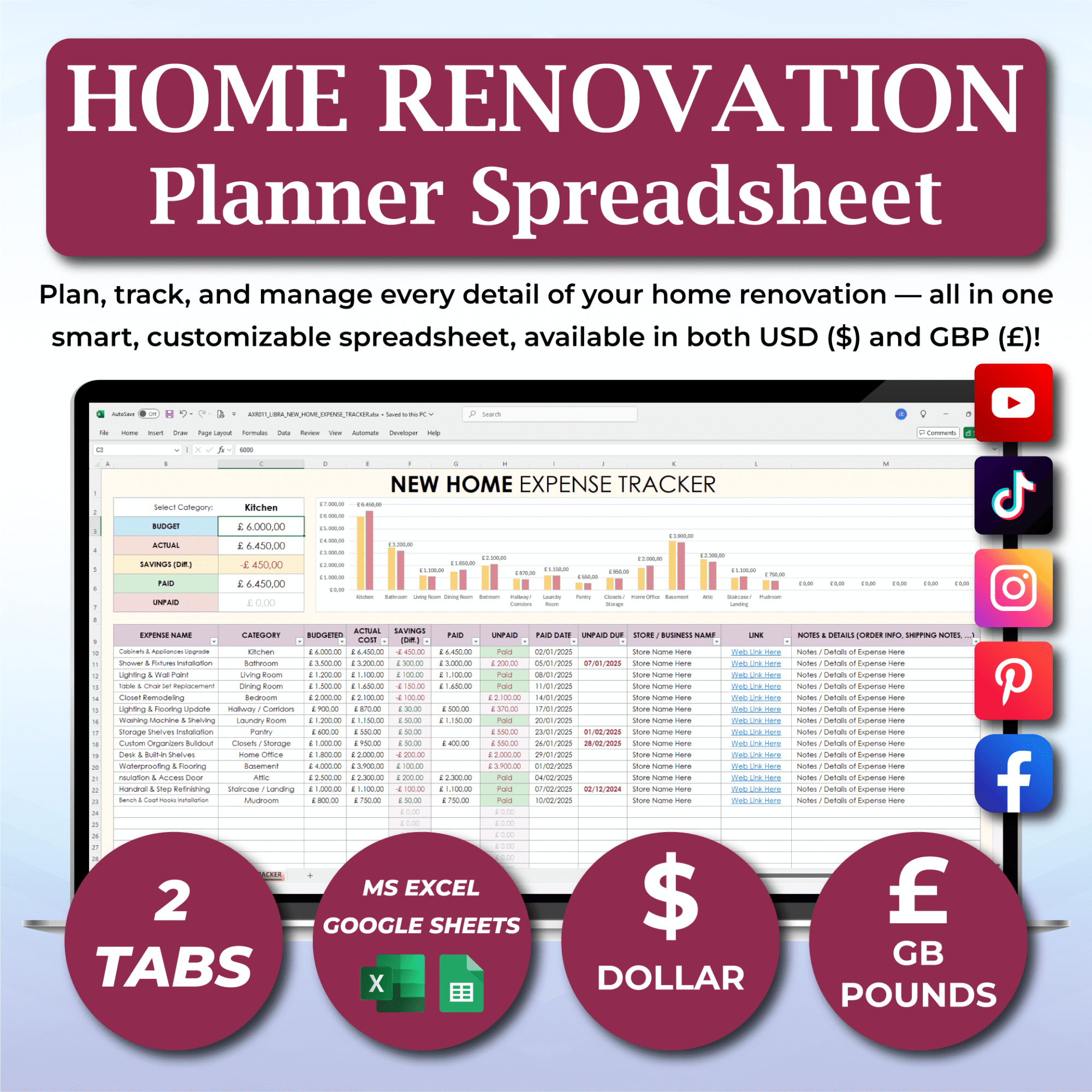 Home Renovation Planner Spreadsheet – Budget and Expense Tracker for Excel and Google Sheets