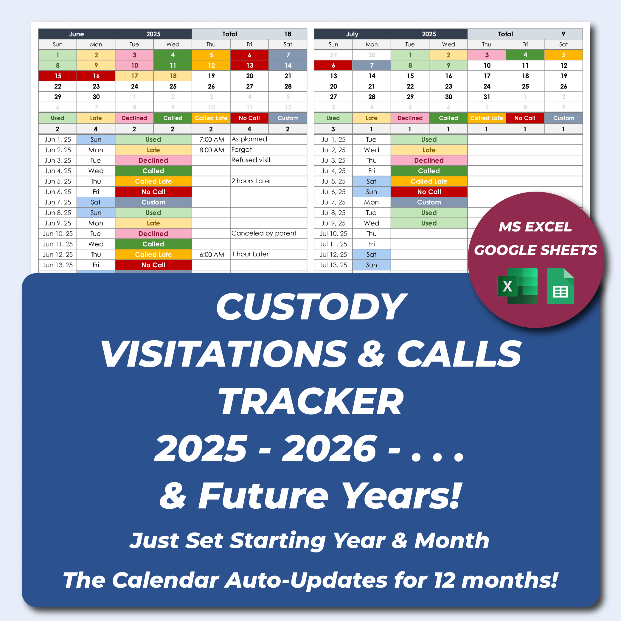 Coparenting Calendar and Custody Tracker Spreadsheet for Excel and Google Sheets