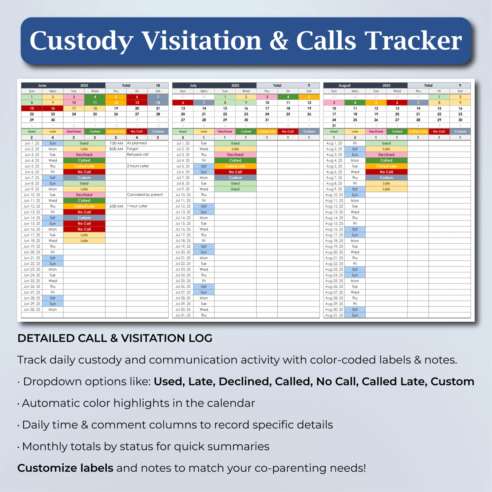 Coparenting Calendar & Custody Tracker | Parenting Log Excel & Sheets ...
