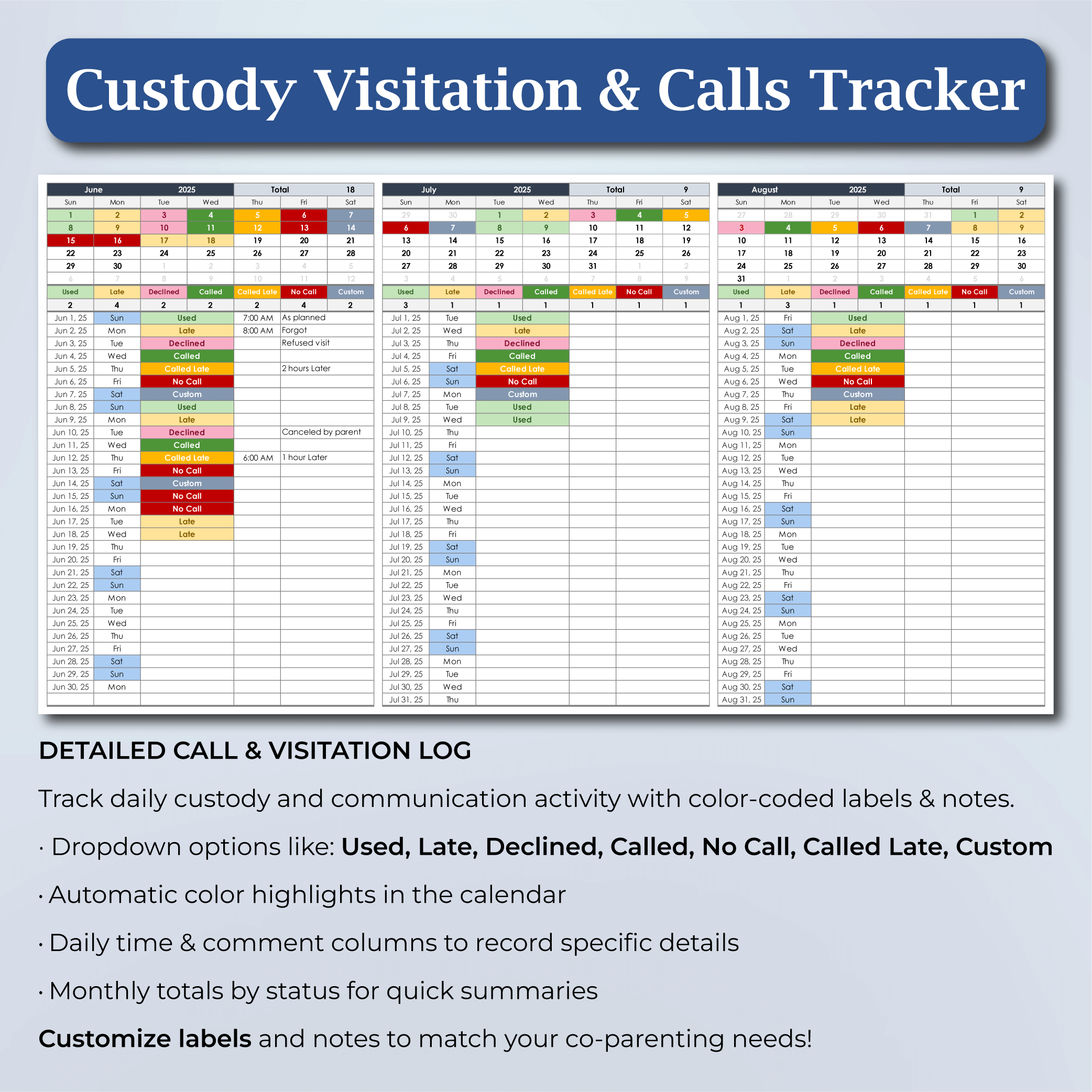Parenting Time Log and Custody Tracker with daily entries for visits and calls