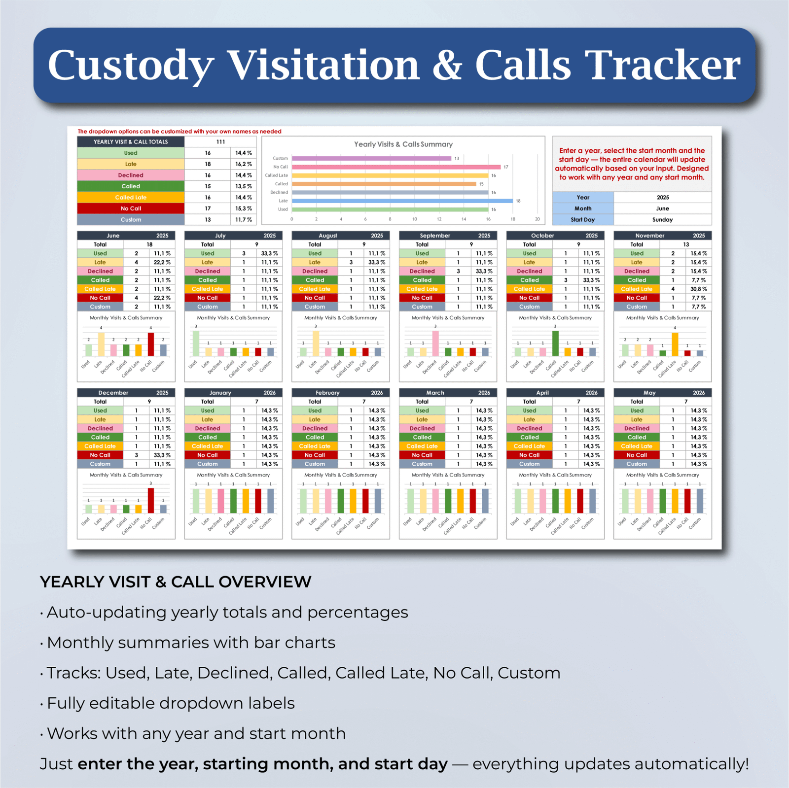 Coparenting Calendar & Custody Tracker | Parenting Log Excel & Sheets ...