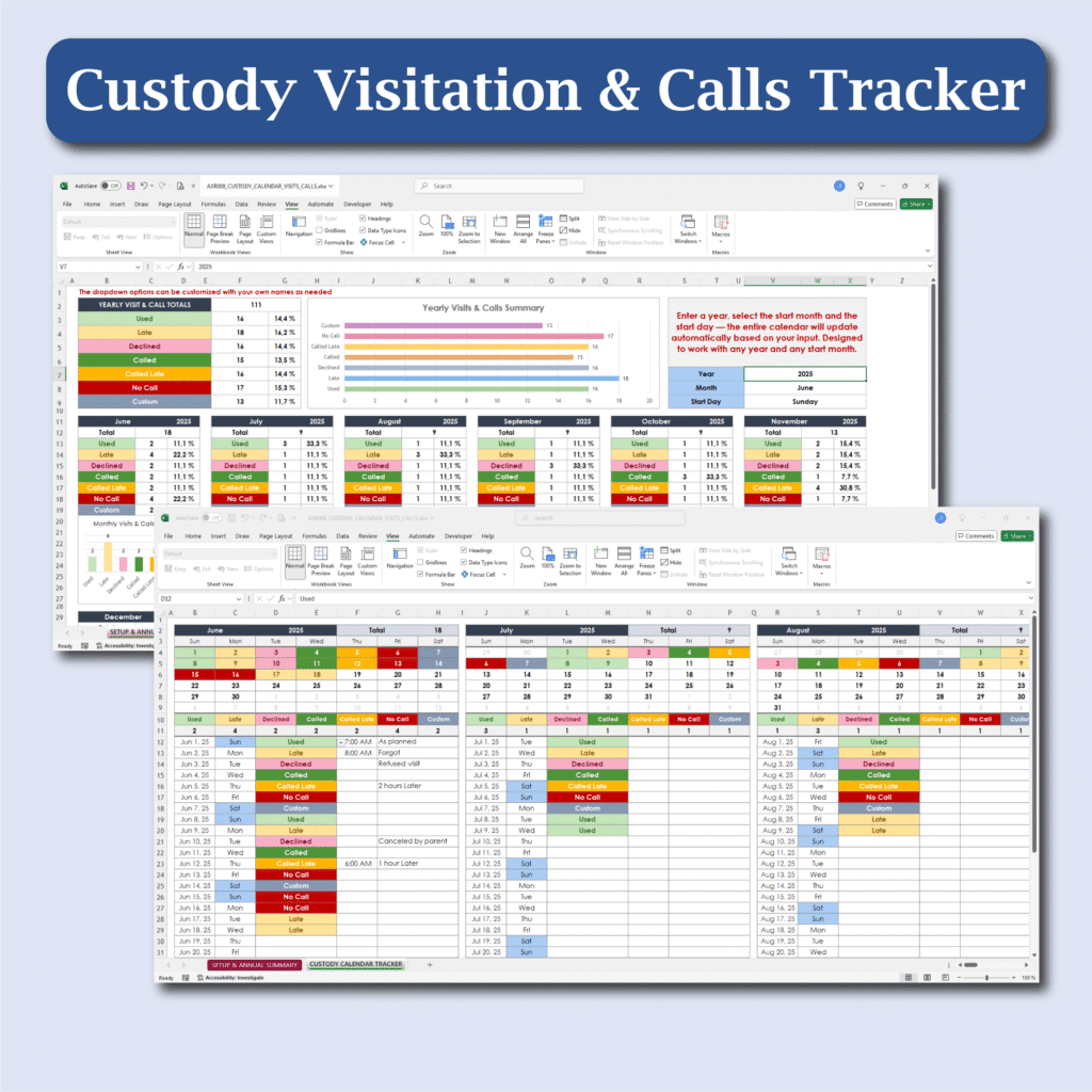 Coparenting Calendar & Custody Tracker | Parenting Log Excel & Sheets ...