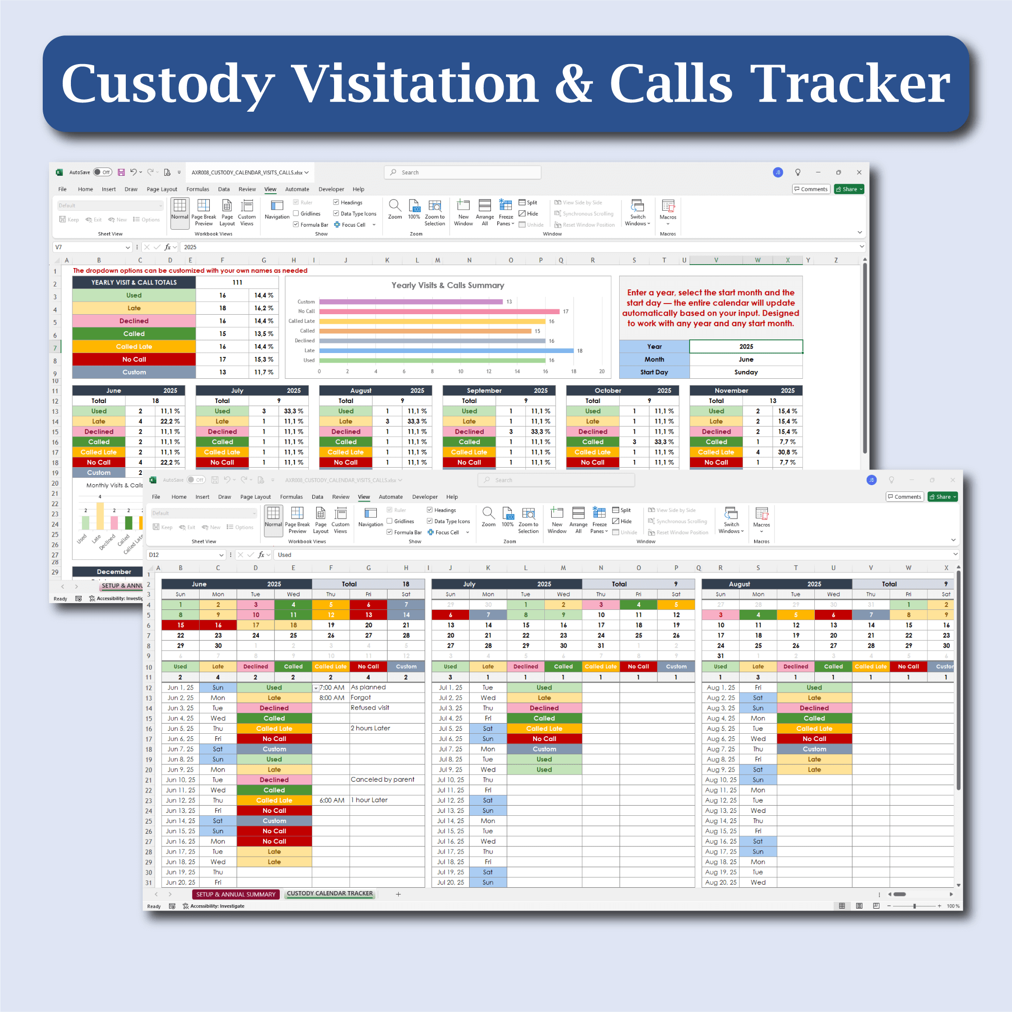 Custody Schedule Tracker with monthly summaries and bar chart overview