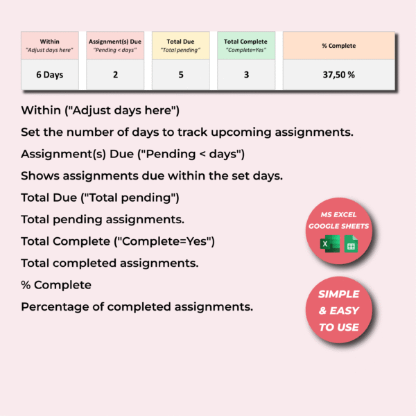Student homework and class tracker spreadsheet for study planning