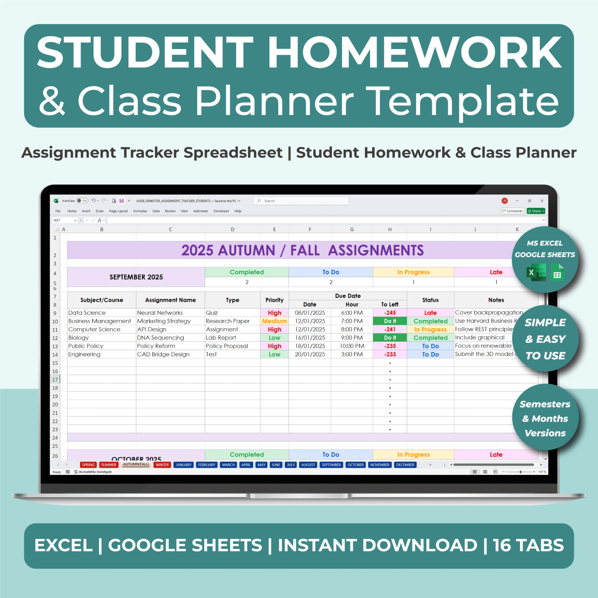 Student assignment tracker template in Excel showing homework deadlines