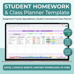 Student assignment tracker template in Excel showing homework deadlines