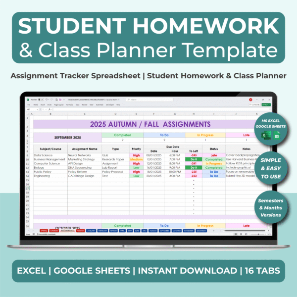 Student assignment tracker template in Excel showing homework deadlines