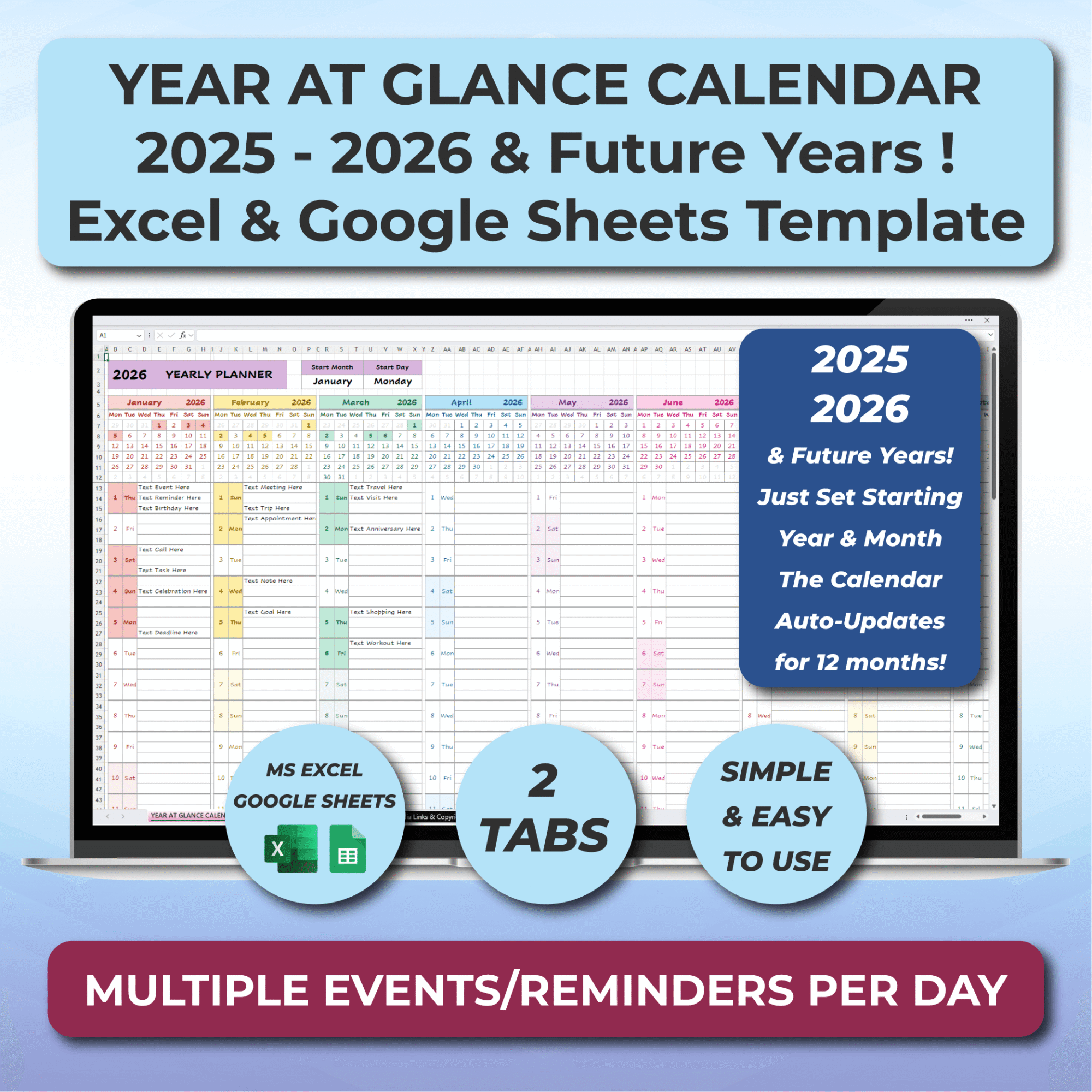 Yearly calendar template in Excel and Google Sheets, one-page planner overview