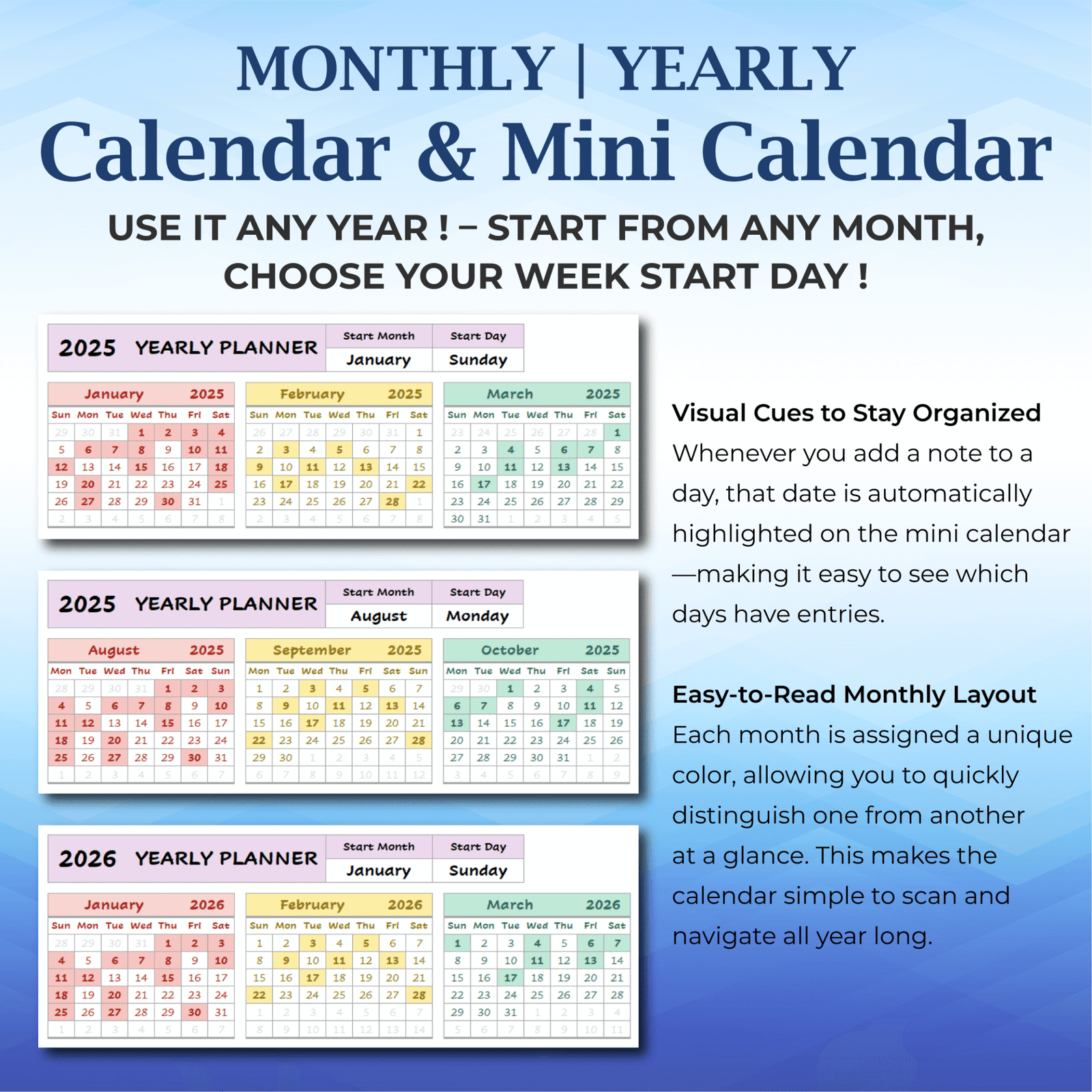 Yearly Calendar Template for Excel & Google Sheets | Editable Planner ...
