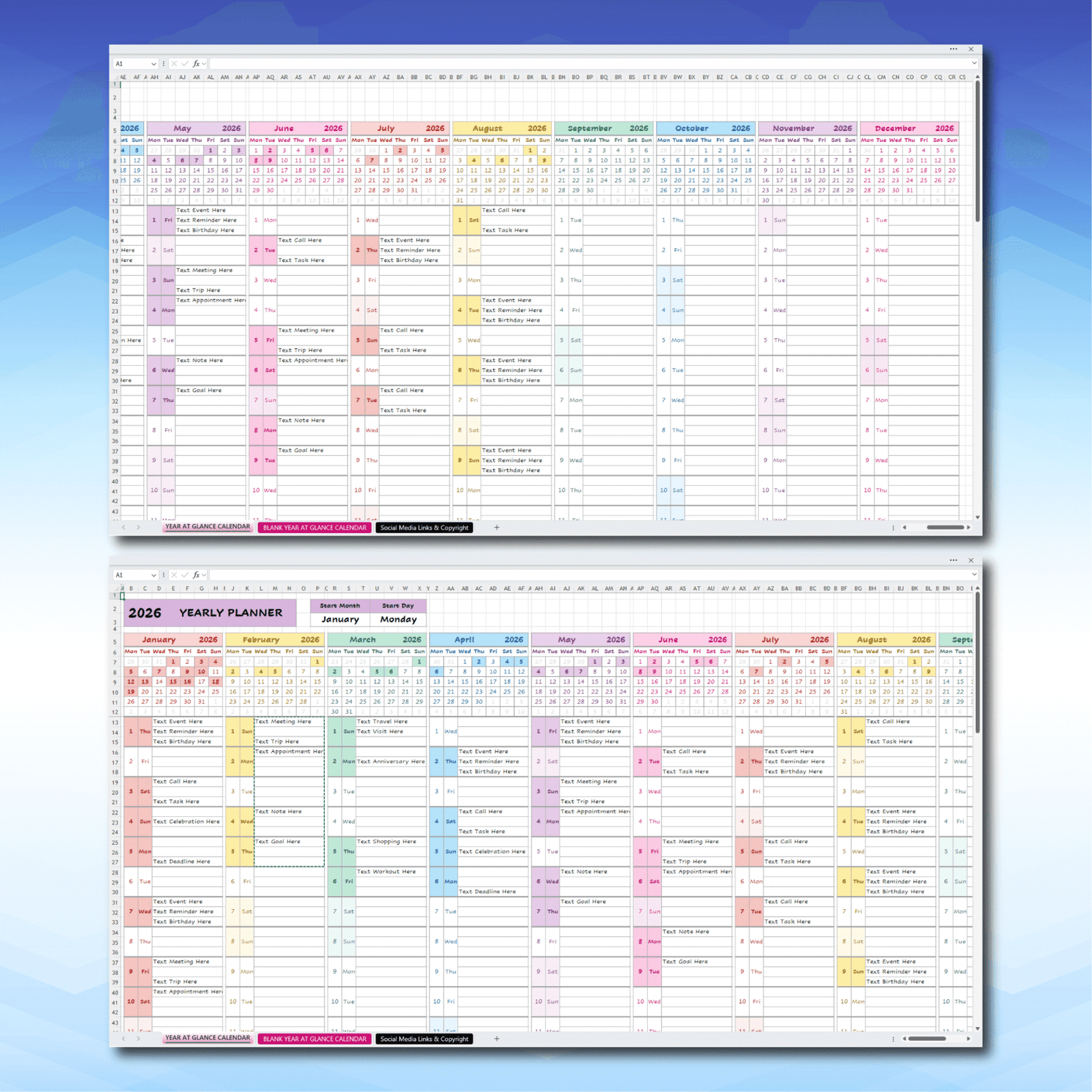 Yearly Calendar Template for Excel & Google Sheets | Editable Planner ...