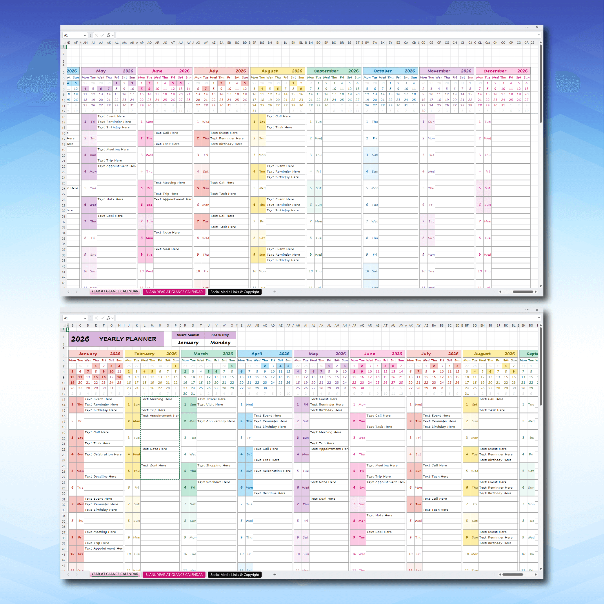 LV026_YEAR_AT_GLANCE_CALENDAR_3_EVENTS-03 Annual calendar planner spreadsheet for Excel and Google Sheets, editable template