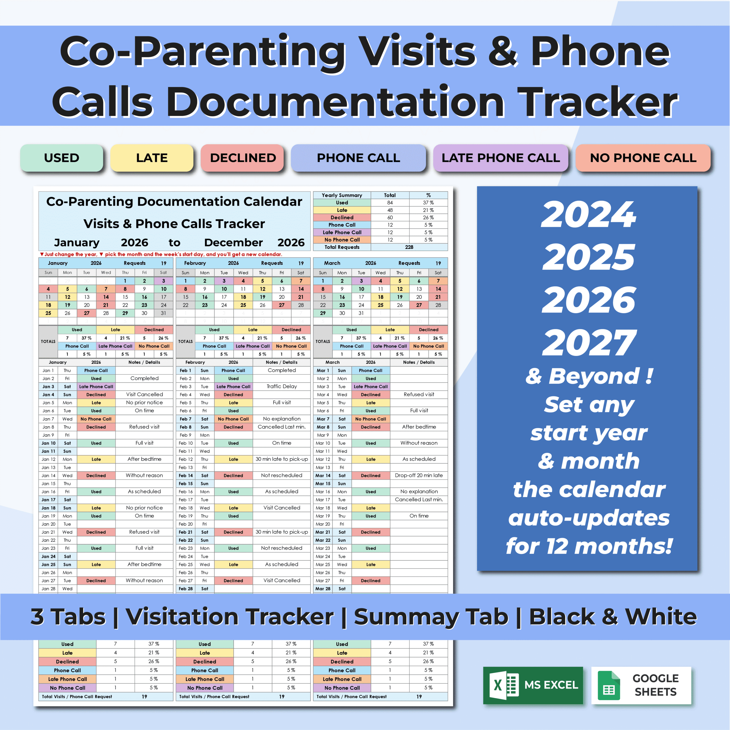 co parenting visitation & phone call tracker | excel & sheets