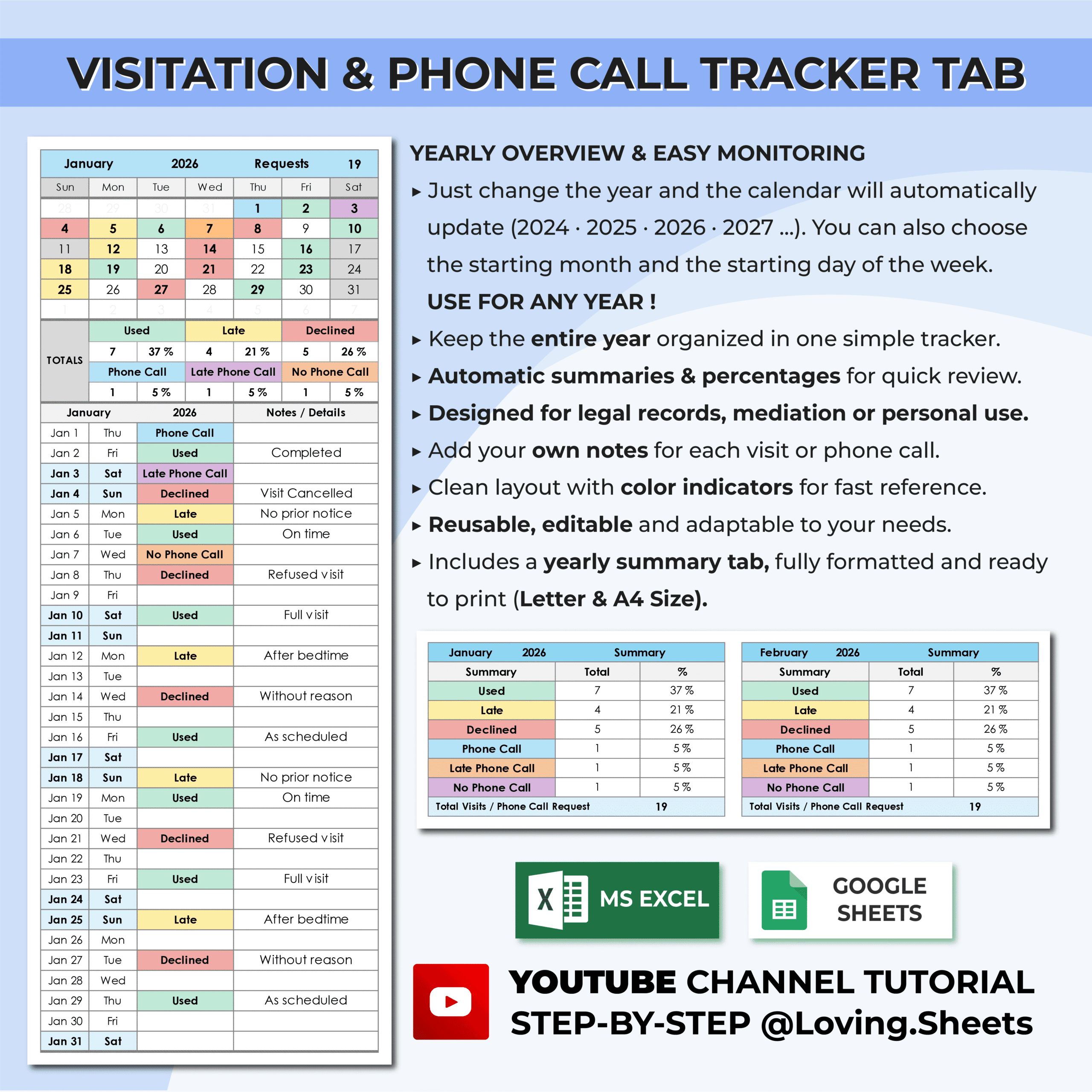 co parenting visitation & phone call tracker | excel & sheets