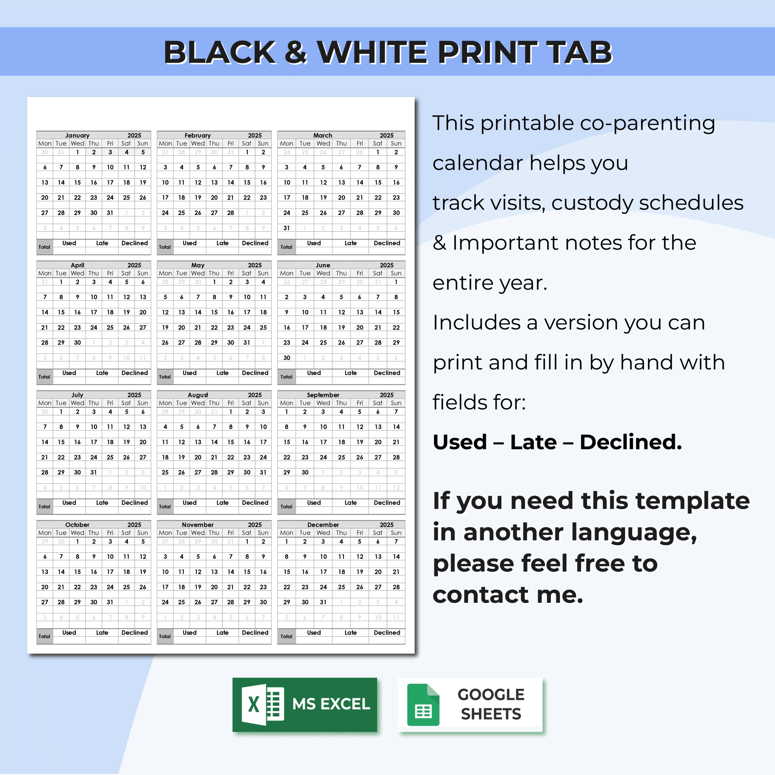 co parenting visitation & phone call tracker | excel & sheets