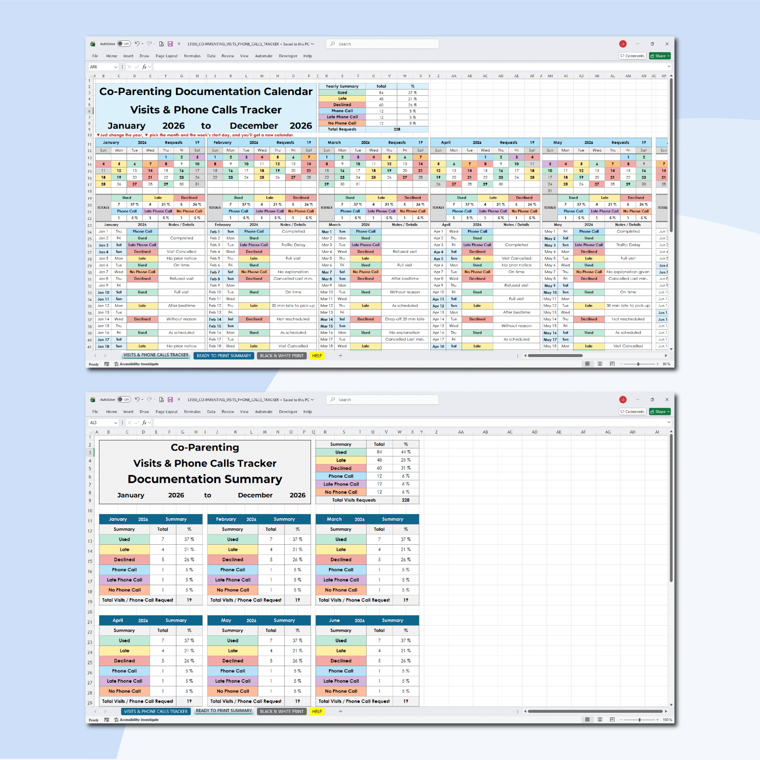 co parenting visitation & phone call tracker | excel & sheets