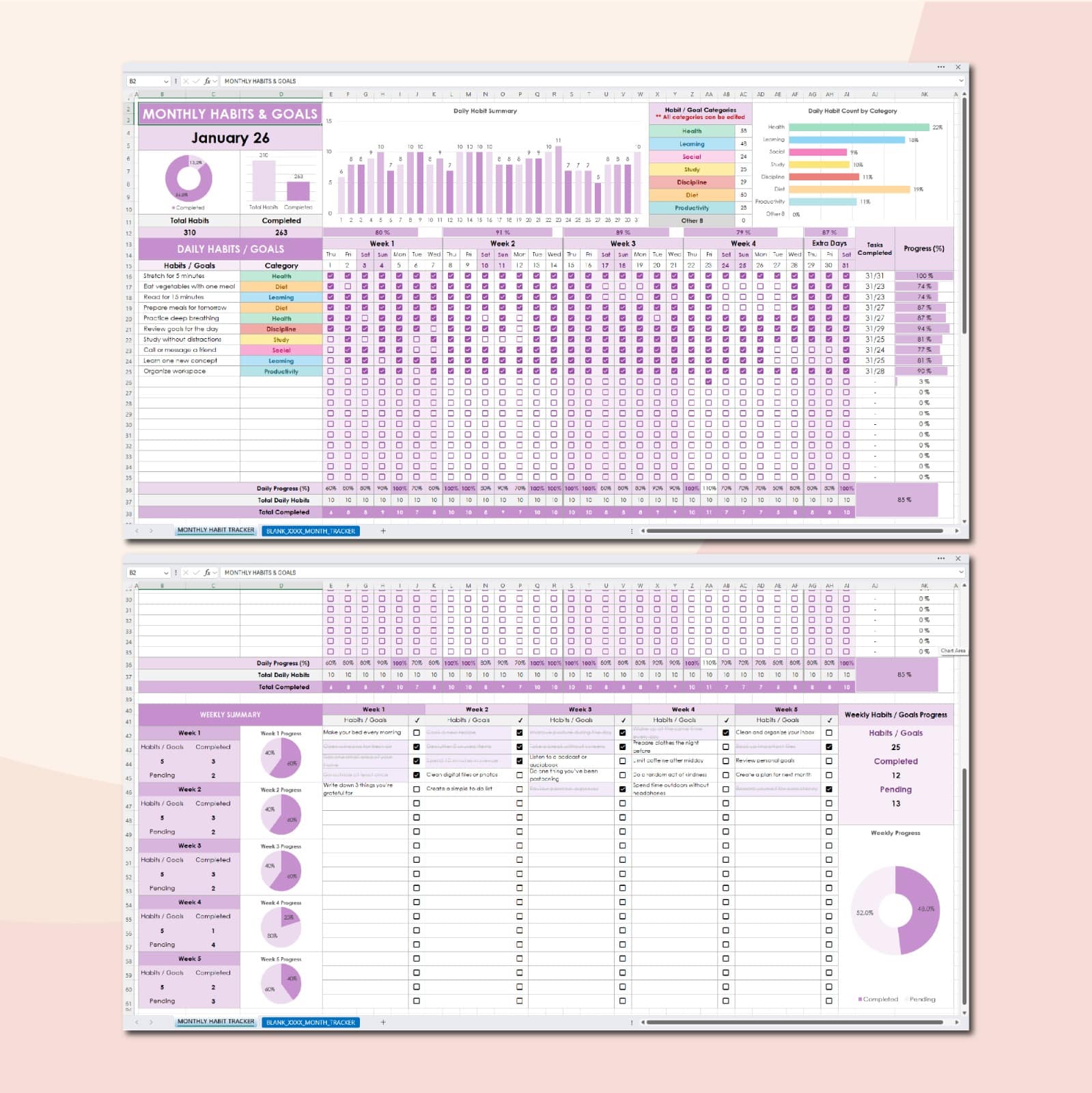 monthly habit tracker spreadsheet template | daily & weekly habits and goals planner