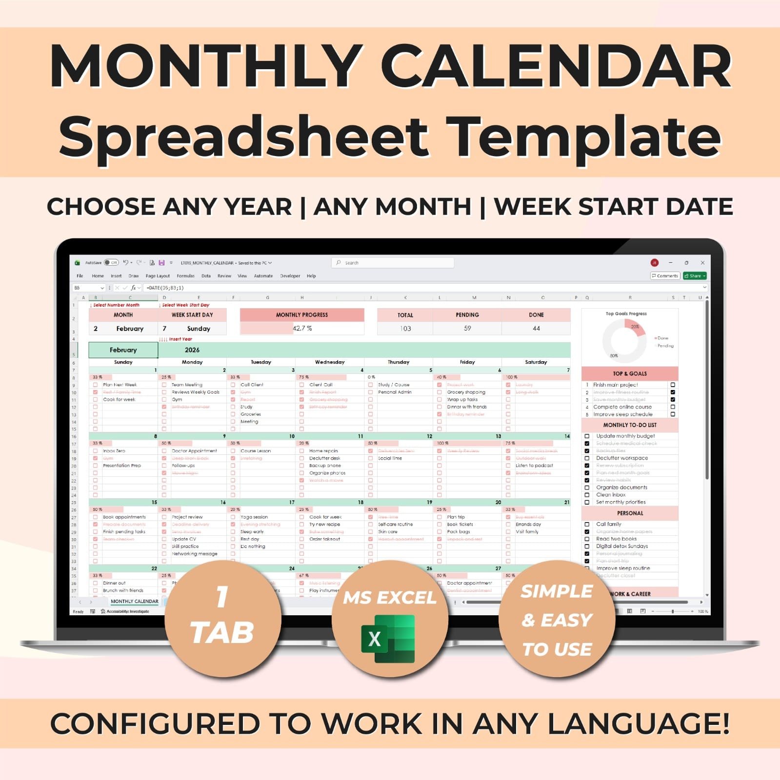 Monthly Calendar Spreadsheet | Editable Excel & Google Sheets Template