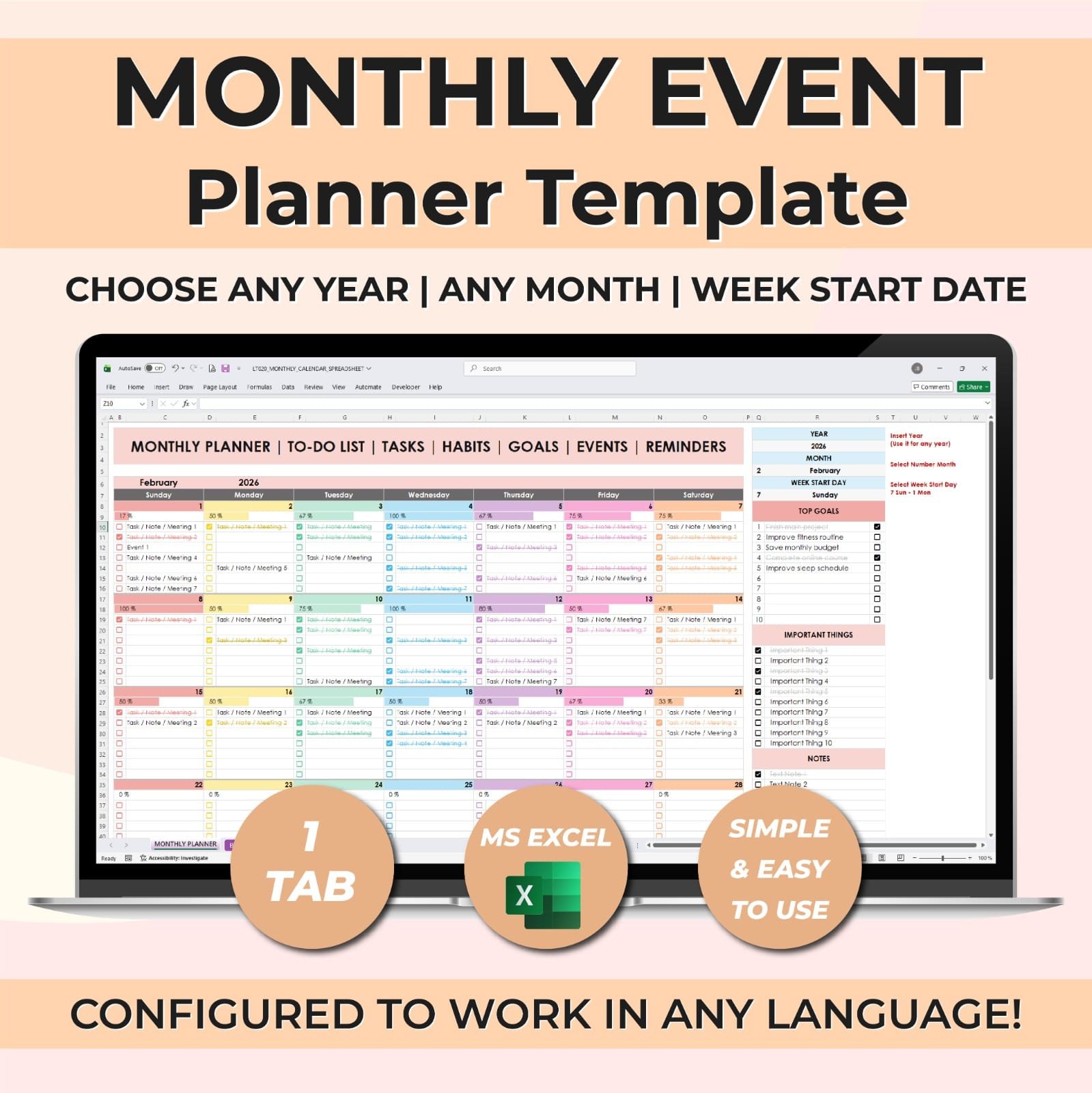Monthly Event Planner Spreadsheet | Excel & Google Sheets Management Template