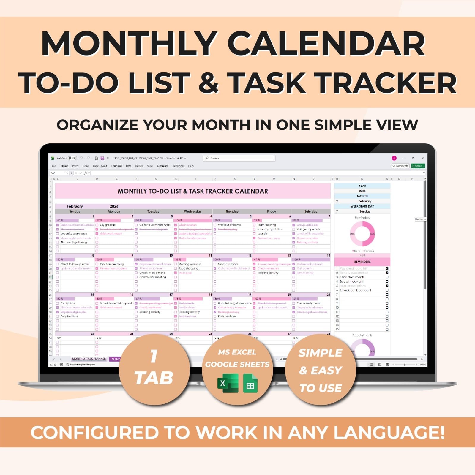 Monthly Calendar & To-Do List Task Tracker | Excel & Google Sheets Template
