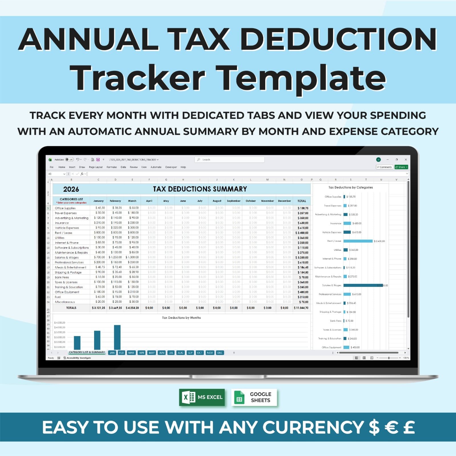 Annual Tax Deduction Tracker | Excel & Google Sheets Expense Spreadsheet
