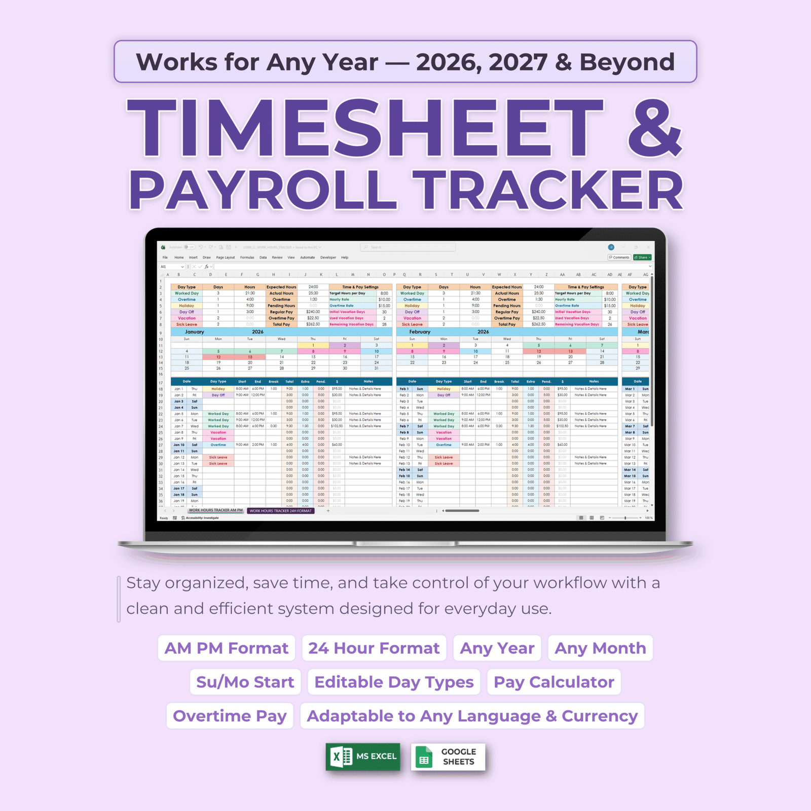 Timesheet & Payroll Tracker | Excel & Google Sheets Spreadsheet Template
