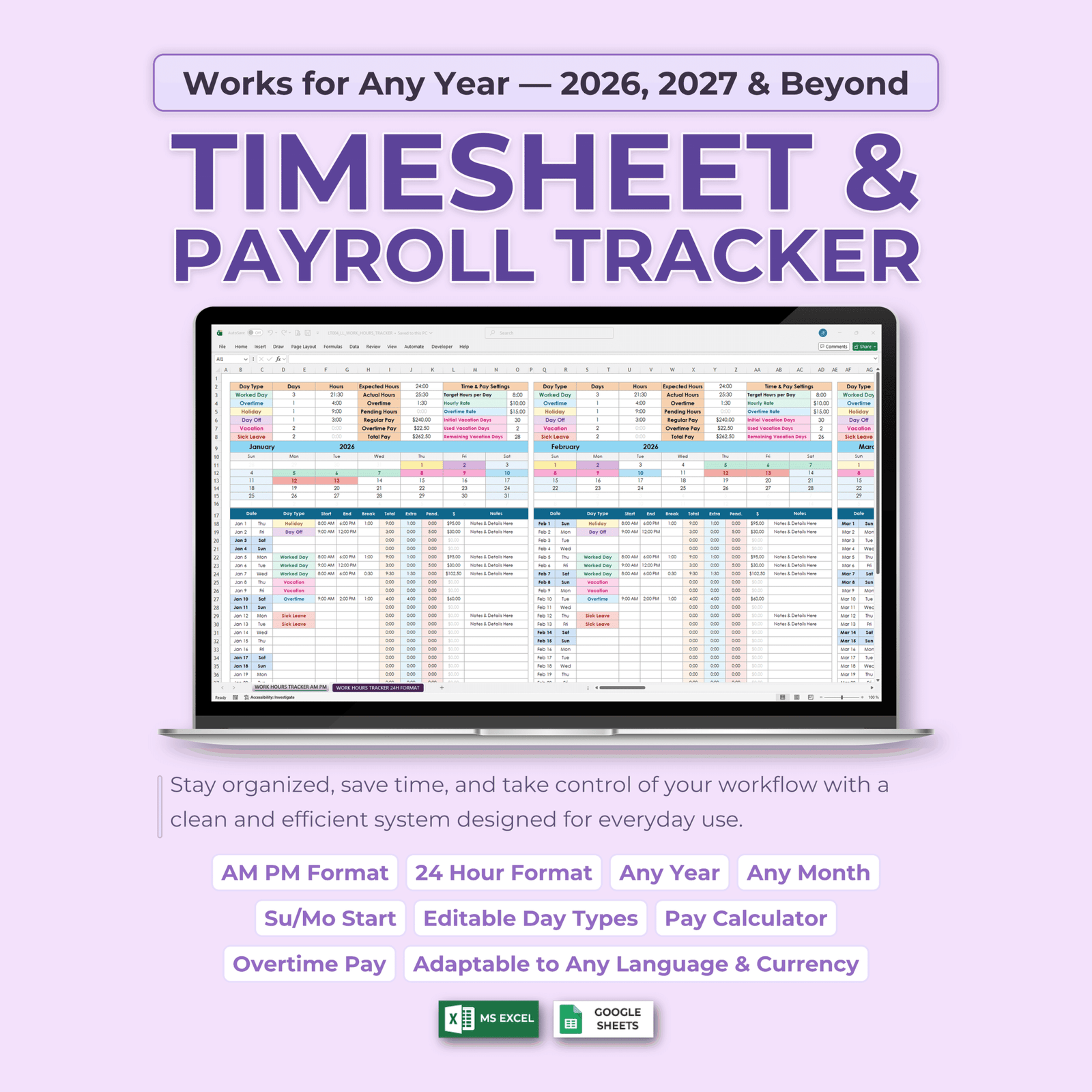 Timesheet & Payroll Tracker | Excel & Google Sheets Spreadsheet Template