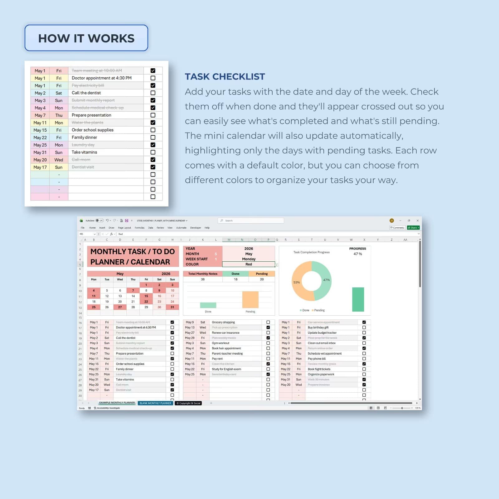 Monthly Planner Spreadsheet with Calendar | Editable Excel & Google Sheets Template - Image 3