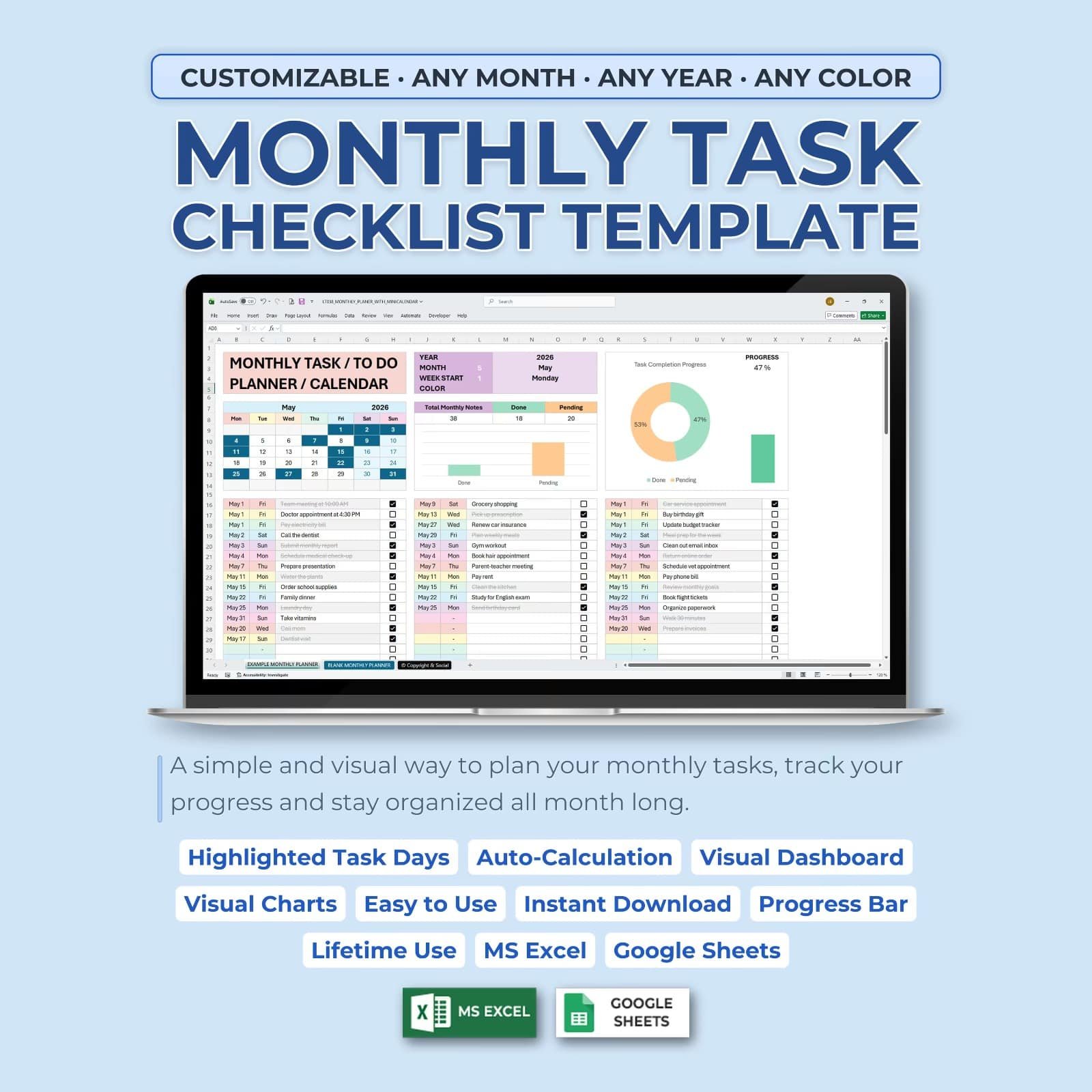 Monthly Planner Spreadsheet with Calendar | Editable Excel & Google Sheets Template